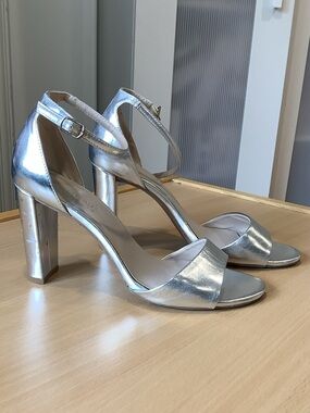 le chateau Silver Metallic Block Heel Ankle Strap Sandals